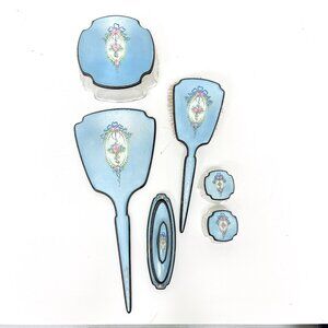 ANTIQUE STERLING A THOMAE GUILLOCHE ENAMEL VANITY SET MIRROR BRUSH SET